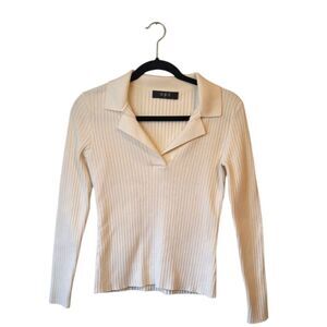 o.p.t. Cream Ribbed Polo Long Sleeve Blouse Size S